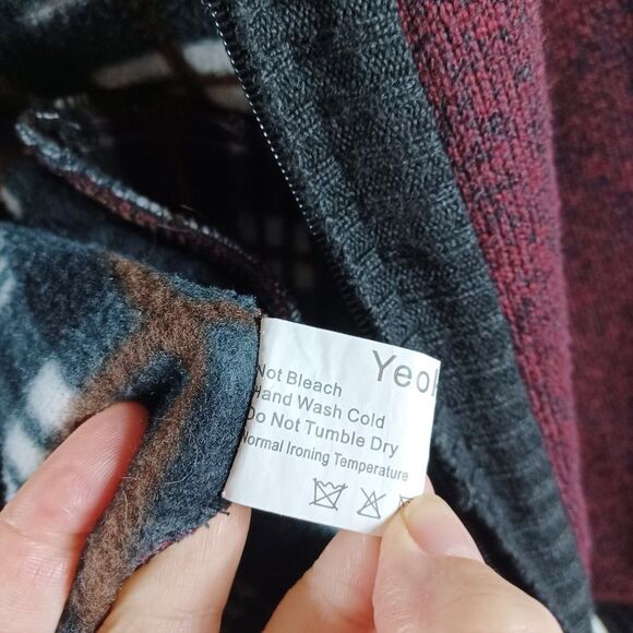 YeoKou XL Men's Heavy Cardigan Jacket Maroon Black Plaid Lined Wool Cashmere - Picture 10 of 10